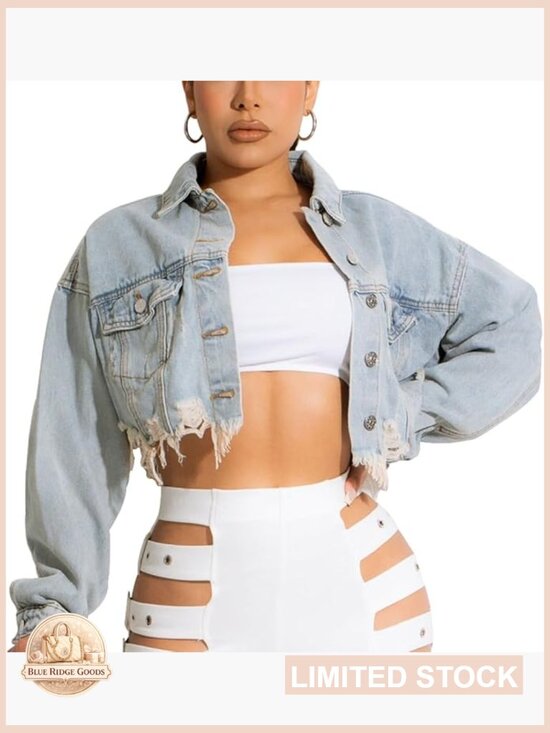 Jackets & Blazers - Cropped Denim Jacket Ripped Distressed Frayed Hem Vintage Chic Casual Wear